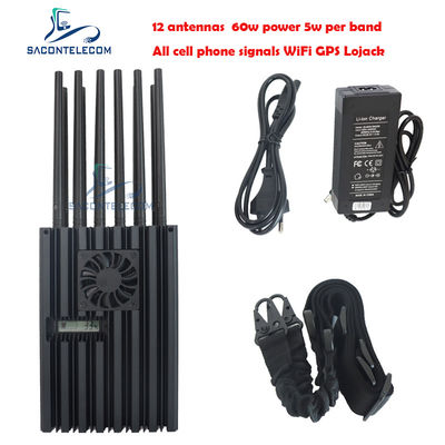 Przenośny zakłócacz o mocy 60 W z promieniem 40 m i 12 kanałami dla 2G 3G 4G 5G Wi-Fi GPS Lojack