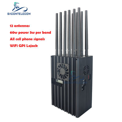Przenośny zakłócacz o mocy 60 W z promieniem 40 m i 12 kanałami dla 2G 3G 4G 5G Wi-Fi GPS Lojack